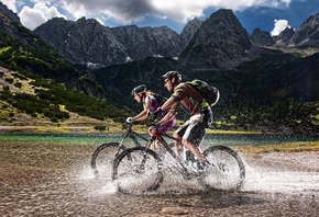 alps, cyclists, water, mountain