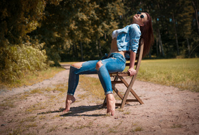 women, sunglasses, sitting, women outdoors, chair, denim, pierced navel, pa ...