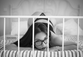 women, portrait, bent over, ass, in bed, women with glasses, glasses, panti ...