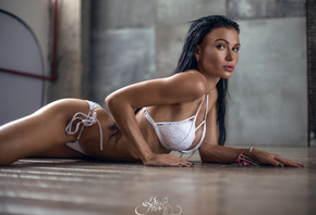 Elena Maksimova, women, ass, brunette, on the floor, black hair, white lingerie, looking at viewer, painted nails, belly