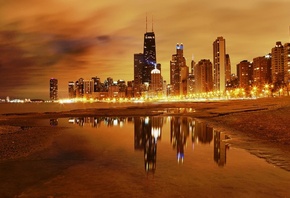 reflection, city, buildings, lights