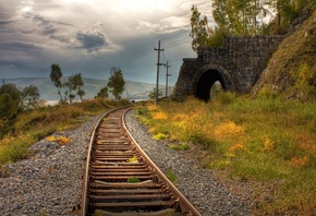 line train, tracks, mountains, trees