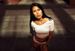 women, underwear, brunette, portrait, belly, tattoos, black hair, long hair, Miro Hofmann