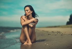 women, nude, beach, sand, sea, brunette, tattoo, water, strategic covering, ...