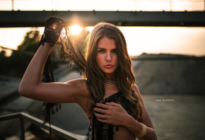 women, face, portrait, tanned, sunset, armpits, strategic covering, long hair, Sun, Miki Macovei