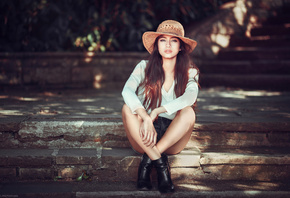 women, sitting, hat, shoes, jean shorts, redhead, stairs, portrait, Lods Franck, depth of field, long hair