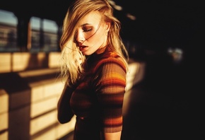 women, face, portrait, sunlight, blonde, Sebastian Heberlein, closed eyes