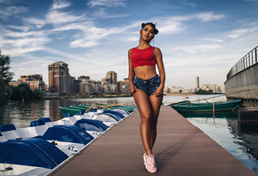 women, portrait, sneakers, jean shorts, short shorts, tanned, belly, river, Aleksandr Tsarev, sky, clouds