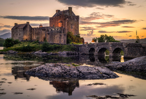Шотландия, Замок, Пруд, Мост, Eilean Donan Castle, Город