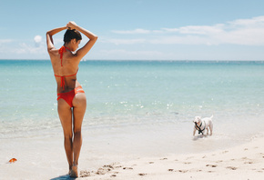 women, red bikinis, beach, sea, sand, back, the gap, dog, animals, sky, skinny, clouds, arms up, ass, water, summer