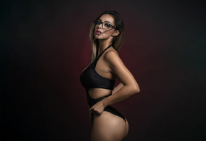 women, one-piece, ass, brunette, simple background, glasses, women with glasses, looking at viewer