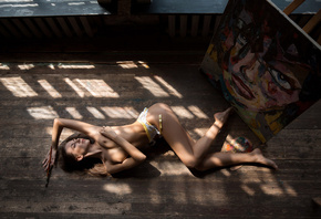 Matilda Shtein, women, on the floor, wooden surface, ass, closed eyes, top  ...