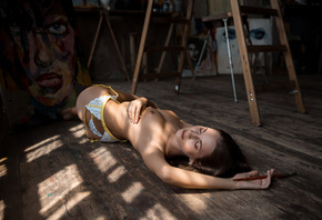 Matilda Shtein, women, on the floor, wooden surface, ass, closed eyes, armp ...