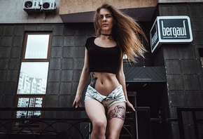 Yulia Berr, women, portrait, brunette, skinny, belly, tattoos, jean shorts, ...