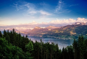 Швейцария, Пейзаж, Озеро, Лес, Горы, Небо, Adliswil Lake Zurich, Природа