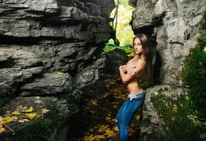 women, panties, pants, torn jeans, arms crossed, brunette, long hair, rocks, bra, leaves, portrait, looking at viewer, belly