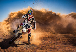 мотоспорт, гонка, пустыня, мотоцикл, байк, поворот, пыль, песок