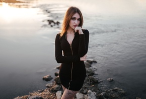 women, portrait, black dress, tattoo, water