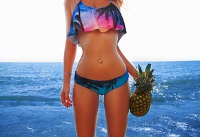 women, swimwear, tanned, hips, belly, pineapples, pierced navel, sea, water