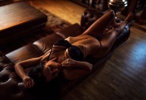 women, couch, tanned, black lingerie, Miro Hofmann, belly, closed eyes, arm ...