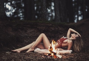 Olga Kobzar, women, model, closed eyes, trees, women outdoors, fire, sidebo ...