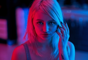 Liuba Meniaeva, neon, painted nails, face, portrait, tattoo, nose rings, pi ...