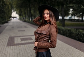 women, portrait, hat, leather jackets, women outdoors, Dmitry Sn, depth of field