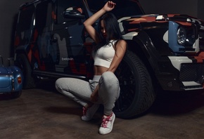 women, tanned, squatting, sneakers, car, Gayane Bagdasarian, belly, arms up ...