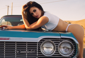 women, ass, women outdoors, white panties, brunette, hands on head, T-shirt, car, Chevrolet Impala, looking at viewer