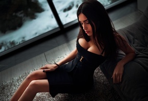 women, black dress, boobs, sitting, brunette, window, painted nails, Ivan Gorokhov