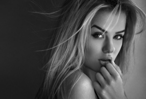 women, face, portrait, finger on lips, Milan R, monochrome