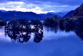 Akimoto, Lake, Fukushima, Prefecture, Japan, озеро, Акимото, Фукусима, Япония, озеро, горы, деревья, отражение, осень, природа
