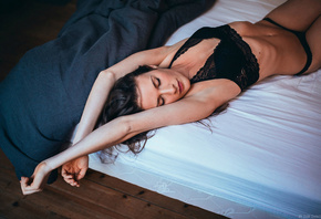 women, ribs, in bed, black lingerie, closed eyes, armpits, belly, lying on back