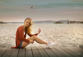women, sitting, blonde, portrait, sneakers, jean shorts, sea, Carl Gia