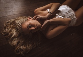 women, blonde, on the floor, wooden surface, tanned, white lingerie, tattoo ...