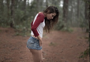 women, portrait, ass, brunette, women outdoors, jean shorts, T-shirt, forest, trees, Esteban Montoya, depth of field, rain, water drops