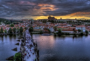 Prague, Praha, Прага, Czech, Чехия, Карлов, мост, город, вечер, люди, река, ...