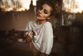 women, T-shirt, glass, closed eyes, nose rings, belly, piercing, tanned, reflection