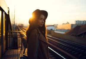 women, portrait, sunset, sunlight, hat, railway, looking away