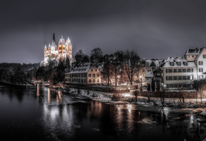Католический, собор, Лимбург, Германия, зима, река
