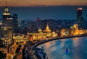 Shanghai, город, ночь, китай, азия, шанхай, река, набережная