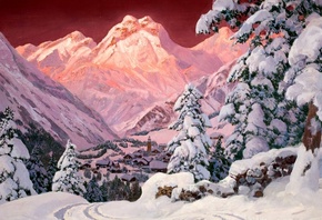 Зарево на снегу, горы, закат, зима, Алуа Арнеггер