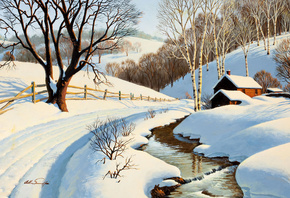Под снежным покровом, зима, холмы, домики, речушка, снег, Артур Сарон Сарнофф, живопись