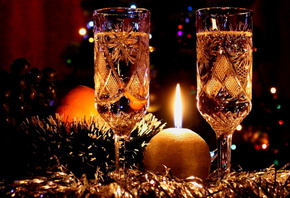 бокалы, шампанское, апельсин, мишура, новый год
