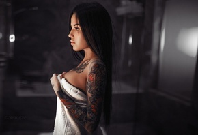 women, boobs, Ivan Gorokhov, tattoo, strategic covering, long hair, portrait