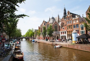 мост, Amsterdam, велосипеды, дома, улицы, люди, лодки, канал, Нидерланды