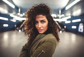 women, portrait, face, depth of field, sweater, blue eyes, curly hair
