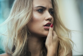 women, blonde, face, red nails, open mouth, looking away, depth of field, portrait