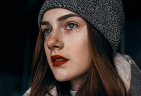 women, face, portrait, red lipstick, freckles