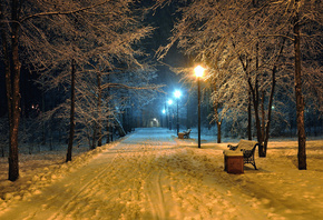 Парк, зима, аллея, скамейки, деревья, фонари